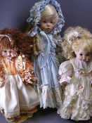 PORCELAIN HEADED DOLLS ON STANDS, two marked 'GWWD ?', the tallest Hilary by Diana Effner 'The