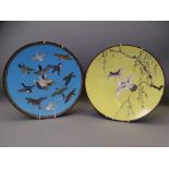 CLOISONNE - two chargers, 1. blue ground with flying birds and, 2. yellow ground with two flying