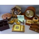 MODERN CUCKOO CLOCK, vintage inlaid mahogany mantel clock, good inlaid privet box containing bone