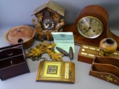 MODERN CUCKOO CLOCK, vintage inlaid mahogany mantel clock, good inlaid privet box containing bone