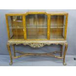 CHIPPENDALE STYLE WALNUT DISPLAY CABINET ON STAND having three opening doors and interior glass