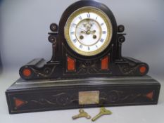 GOOD VICTORIAN MANTEL CLOCK, black and red marble with gilt highlighting and presentation plaque,