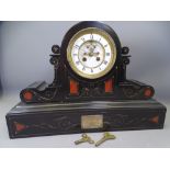 GOOD VICTORIAN MANTEL CLOCK, black and red marble with gilt highlighting and presentation plaque,