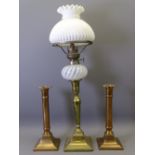 PAIR OF SQUARE BASED PLAIN COLUMN BRASS CANDLEHOLDERS, 23cms H and a square based brass oil lamp