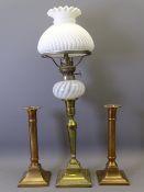 PAIR OF SQUARE BASED PLAIN COLUMN BRASS CANDLEHOLDERS, 23cms H and a square based brass oil lamp