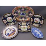 A STAFFORDSHIRE POTTERY PARCEL (6) including an oblong rounded platter by Wedgwood, rust, fan and