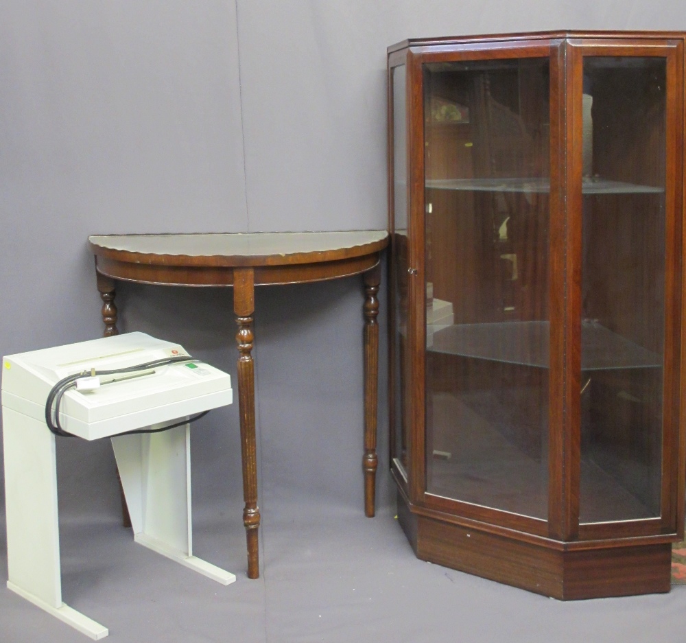 HOUSEHOLD & OFFICE FURNITURE including a reproduction half-moon hall table with gilt tooled