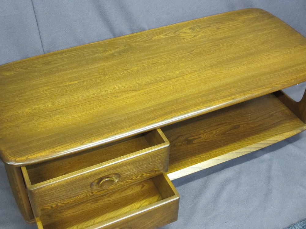 ERCOL MID-TONE WHEELED COFFEE TABLE/ENTERTAINMENT TROLLEY with two lower opening drawers and - Image 2 of 2