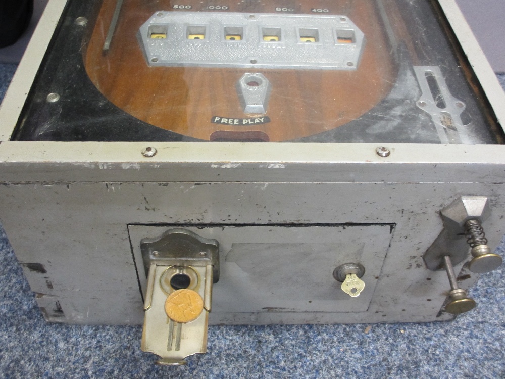 VINTAGE PINBALL MACHINE, wooden cased with glass cover and penny coin slot, tabletop model, not - Image 4 of 4