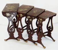 SET OF 19TH CENTURY CHINESE BROWN AND GOLD LACQUER QUARTETTO TABLES, each decorated with flowers and