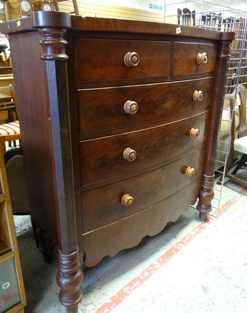 LATE VICTORIAN WALNUT BOWFRONT CHEST with outset octagonal columns and five drawers, shaped apron, - Image 2 of 56