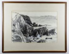 ANNE WHALLEY ink, wash and body colour - Cliffs St. Brides Bay, signed, label titled verso, 39 x