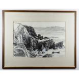 ANNE WHALLEY ink, wash and body colour - Cliffs St. Brides Bay, signed, label titled verso, 39 x