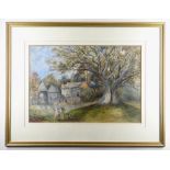 WILLIAM THORNTON (19th Century) watercolour - girl feeding a lamb near a tree and cottage, signed