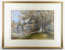 WILLIAM THORNTON (19th Century) watercolour - girl feeding a lamb near a tree and cottage, signed