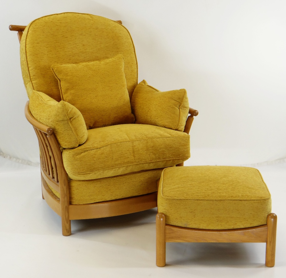 ERCOL LIGHT ELM 'RENAISSANCE' SUITE, comprising two seater settee 132cms wide, armchair and stool, - Image 4 of 18