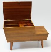 VANSON TEAK WORKBOX with rising lid and two side drawers, tapering square legs, 76 x 33 x 46cms