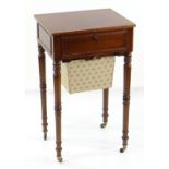 19TH CENTURY MAHOGANY WORK TABLE, rectangular hinged top above frieze drawer and sliding tapering