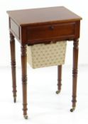 19TH CENTURY MAHOGANY WORK TABLE, rectangular hinged top above frieze drawer and sliding tapering