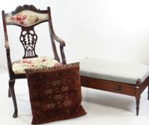 EDWARDIAN MAHOGANY OPEN ARMCHAIR with floral printed seat, Victorian whatnot converted to a stool
