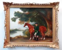 DAVID A. WILLIAMS oil on canvas - 19th Century gentleman in green frock coat beside bay hunter,