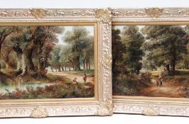 20TH CENTURY SCHOOL oils on canvas - 19th Century travellers on wooded lanes, 49 x 75cms (a pair)