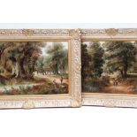 20TH CENTURY SCHOOL oils on canvas - 19th Century travellers on wooded lanes, 49 x 75cms (a pair)