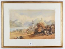 ANTHONY COPLEY FIELDING (1778-1855), watercolour - Alpine lake landscape with figures and village to