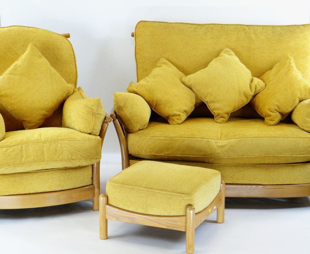 ERCOL LIGHT ELM 'RENAISSANCE' SUITE, comprising two seater settee 132cms wide, armchair and stool,