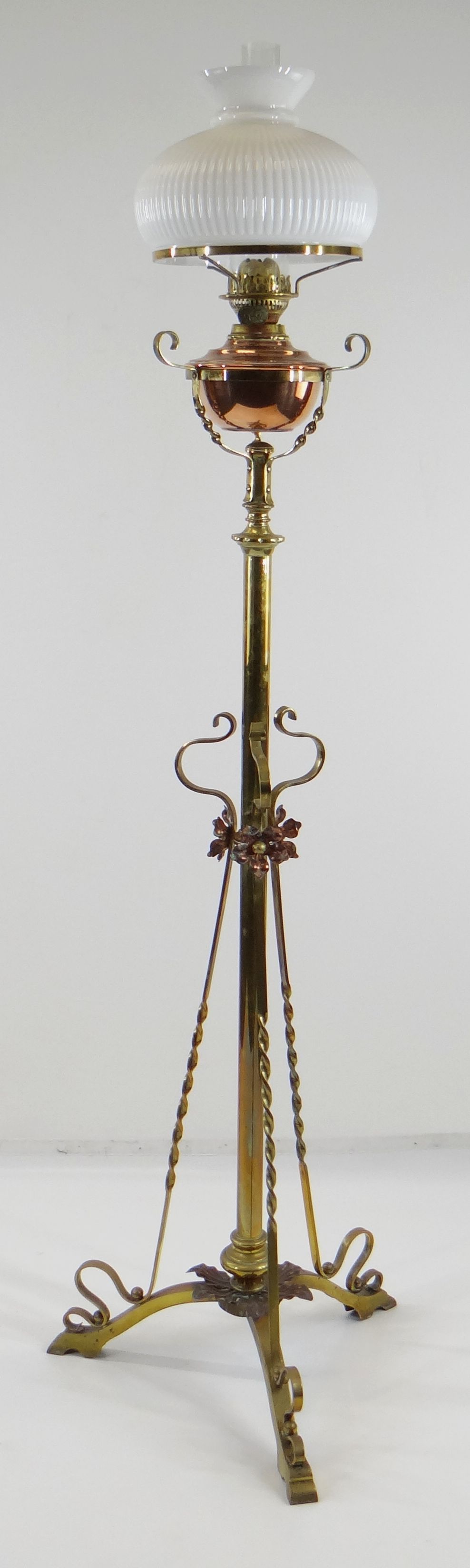 ARTS & CRAFTS BRASS AND COPPER STANDARD OIL LAMP, with foliate decorated tripod base and column, - Image 2 of 20