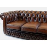 VICTORIAN-STYLE BROWN LEATHER CHESTERFIELD SOFA, button-upholstered with loose cushions, 183 x 92
