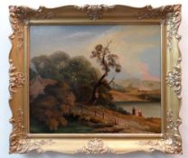 20TH CENTURY SCHOOL oil on canvas - early 19th Century figures in an Arcadian landscape, 49 x