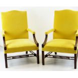 PAIR 19TH CENTURY CHIPPENDALE STYLE 'GAINSBOROUGH' LIBRARY ARMCHAIRS, later yellow upholstered camel