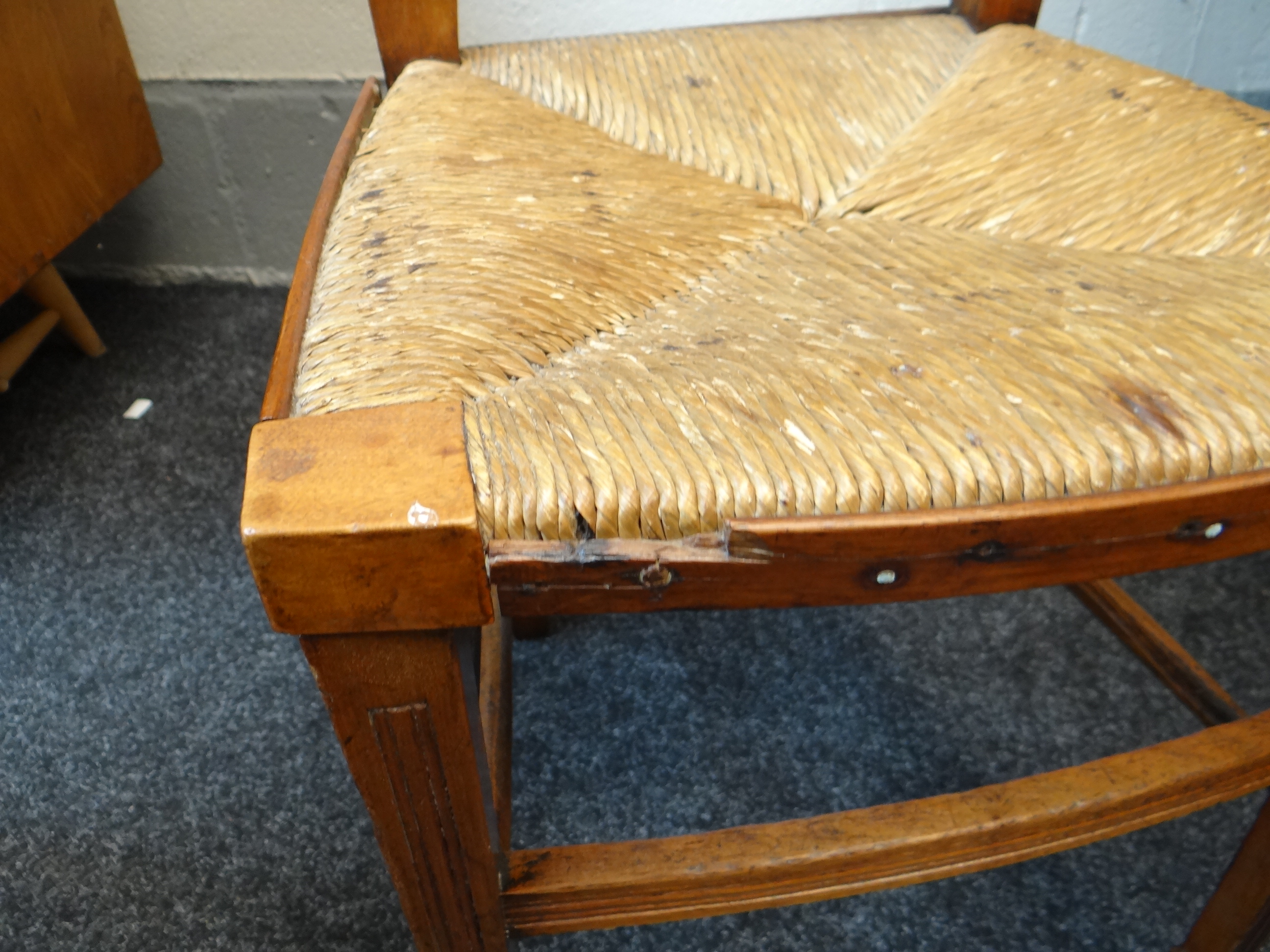 SET OF SIX STYLISH WALNUT & RUSH SEATED DINING CHAIRS with squared backs and pierced vase splats, - Image 15 of 16