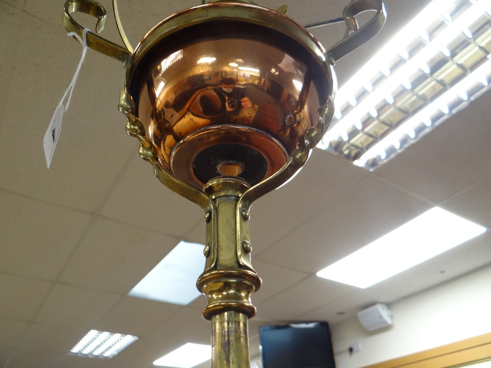 ARTS & CRAFTS BRASS AND COPPER STANDARD OIL LAMP, with foliate decorated tripod base and column, - Image 15 of 20