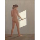 HARRY HOLLAND oil on board - female nude standing against a shaft of light from a window, entitled