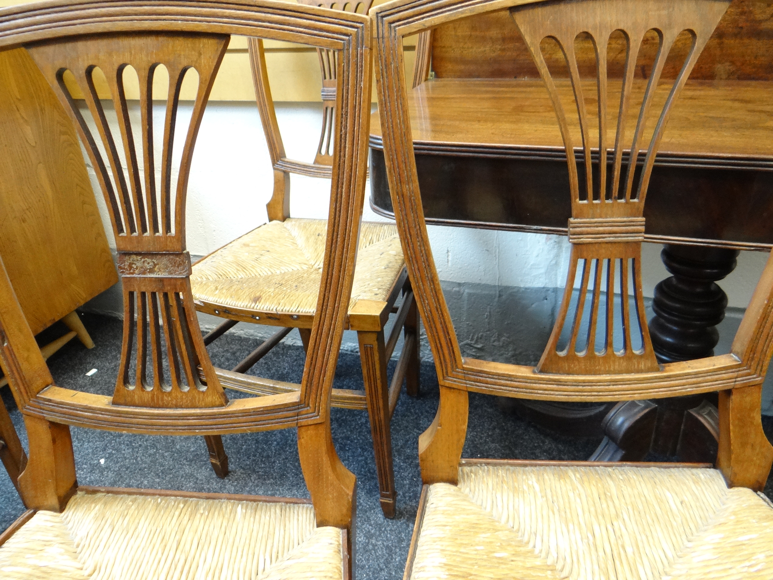 SET OF SIX STYLISH WALNUT & RUSH SEATED DINING CHAIRS with squared backs and pierced vase splats, - Image 11 of 16