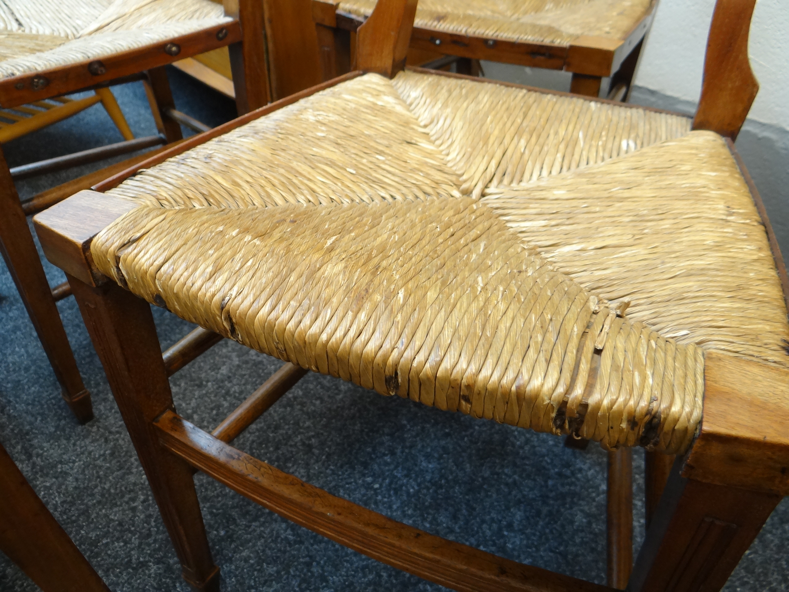 SET OF SIX STYLISH WALNUT & RUSH SEATED DINING CHAIRS with squared backs and pierced vase splats, - Image 8 of 16