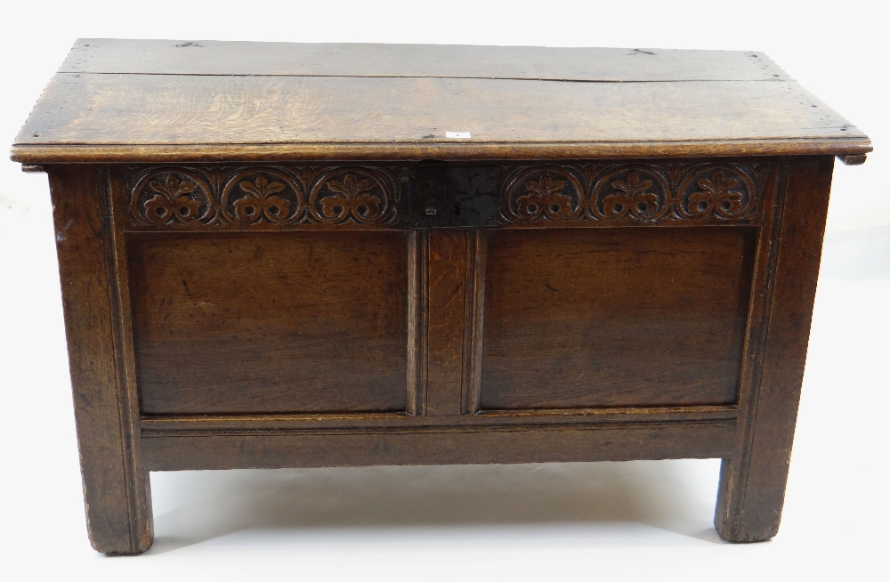 SMALL 17TH CENTURY JOINED OAK COFFER, boarded top with zigzag and dot motif to the scalloped edge,