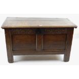 SMALL 17TH CENTURY JOINED OAK COFFER, boarded top with zigzag and dot motif to the scalloped edge,