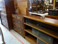 20TH CENTURY FURNITURE including six-drawer tall boy chest, six-drawer narrow chest, low bookcase