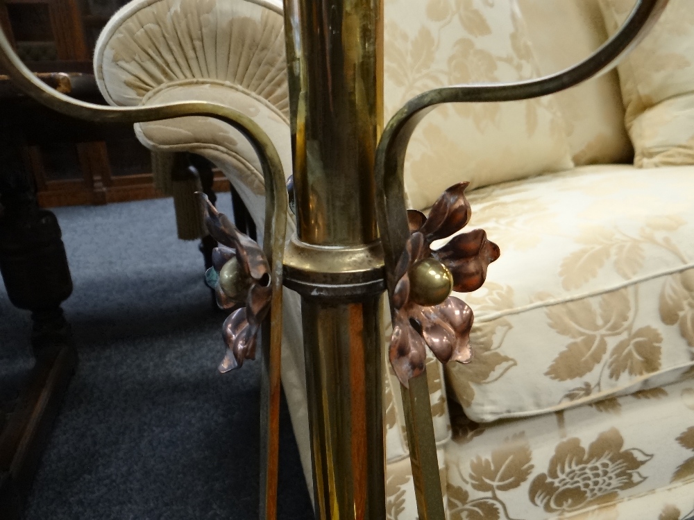 ARTS & CRAFTS BRASS AND COPPER STANDARD OIL LAMP, with foliate decorated tripod base and column, - Image 7 of 20