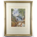 JOHN HENRY MOLE (1814-1886) watercolour - Fording the River, figure with branch by a waterfall,