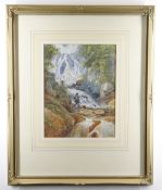 JOHN HENRY MOLE (1814-1886) watercolour - Fording the River, figure with branch by a waterfall,