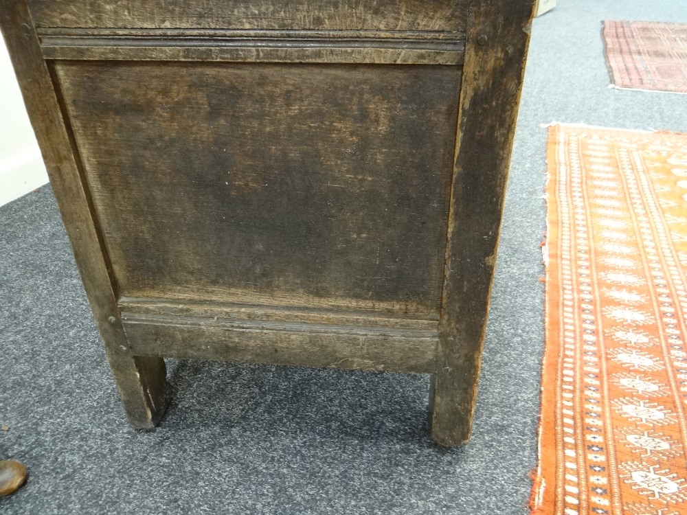 SMALL 17TH CENTURY JOINED OAK COFFER, boarded top with zigzag and dot motif to the scalloped edge, - Image 16 of 16