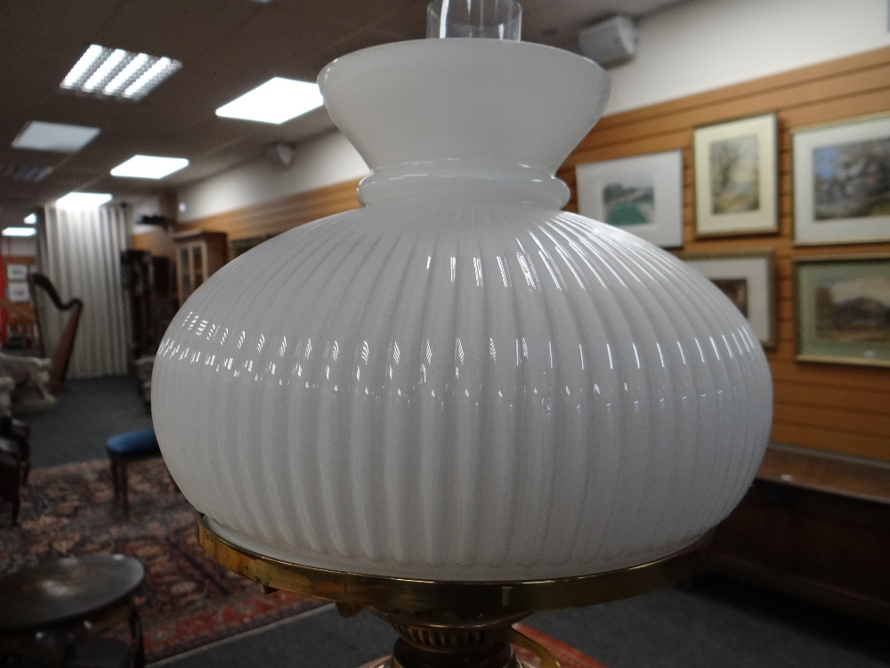 ARTS & CRAFTS BRASS AND COPPER STANDARD OIL LAMP, with foliate decorated tripod base and column, - Image 12 of 20