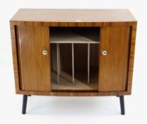 VINTAGE WALNUT TAMBOUR FRONTED RECORD CABINET, on ebonised legs, 79 x 38 x 69cms (later brass