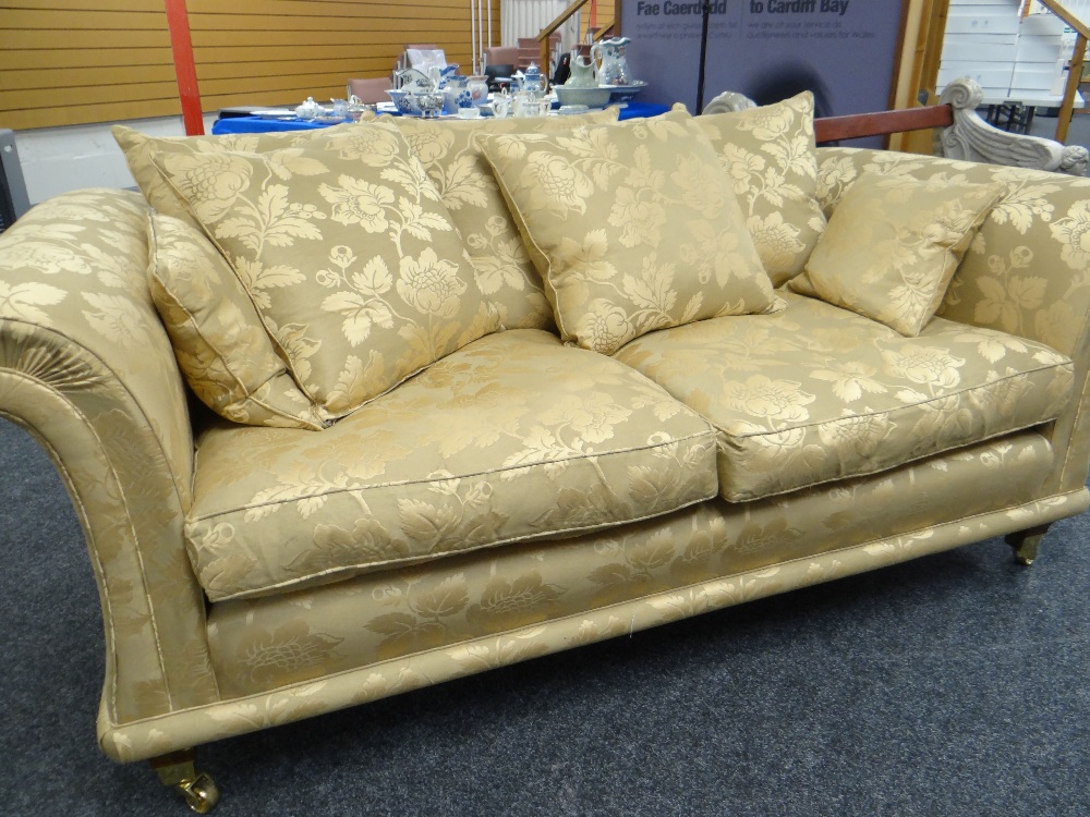 DAVID GUNDRY MEDIUM SOFA, 'Amalfi' model, in dark gold floral damask fabric, 205 x 101 x 81cms