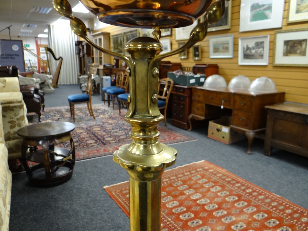 ARTS & CRAFTS BRASS AND COPPER STANDARD OIL LAMP, with foliate decorated tripod base and column, - Image 13 of 20