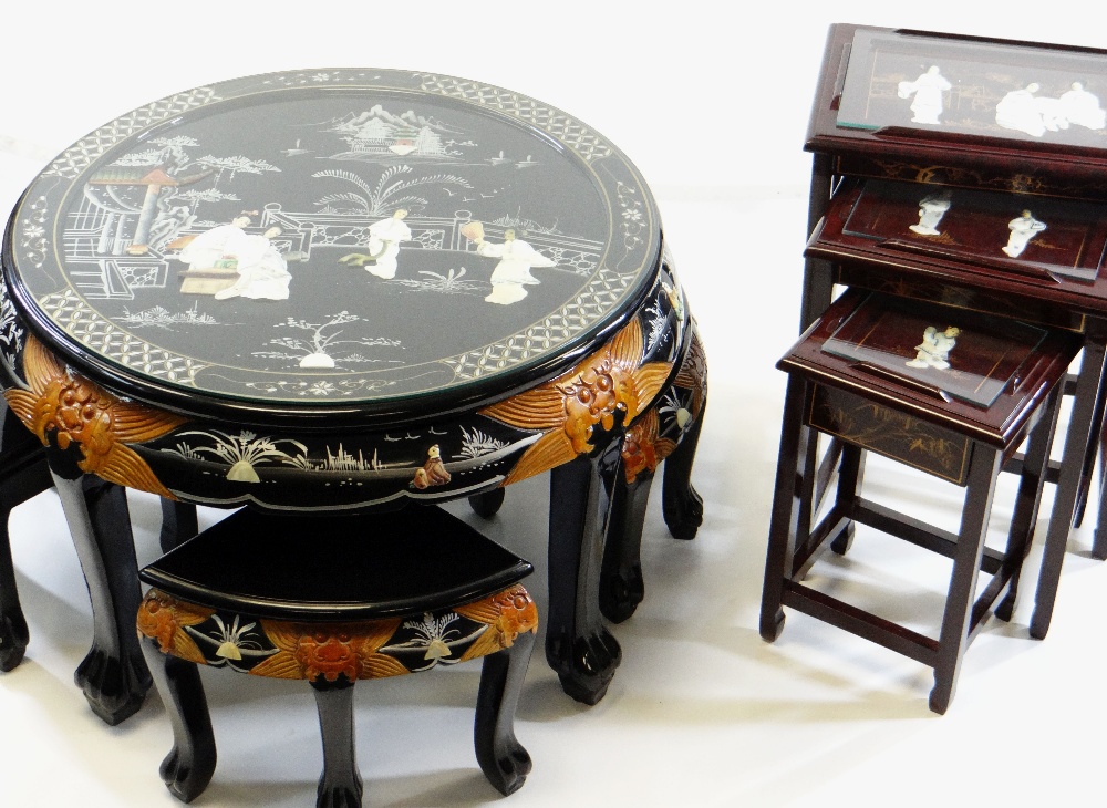TWO SETS OF MODERN CHINESE LACQUER OCCASIONAL TABLES, with inlaid figure decoration, including a